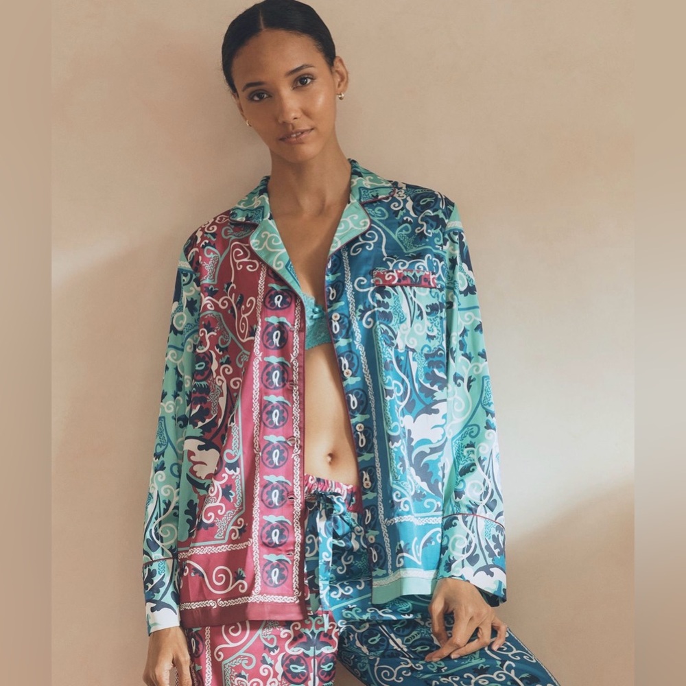 Anthropologie Satin Button-Front Top | Mixed Print